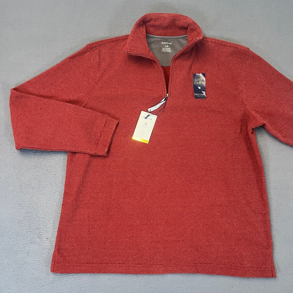 Haggar‎ Mens Large 1/4 Zip Pullover Long Sleeve Red Honeycomb Textured Knit NWT